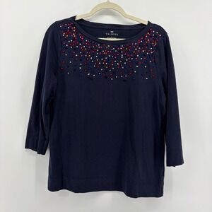 Talbots Top Navy Blue Womens L 3/4 Sleeve Pom Pom Embroidered Cotton Knit